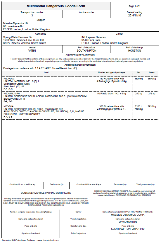 IMDG-IMO hazardous materials declaration (multimodal form) created with DGAssistant