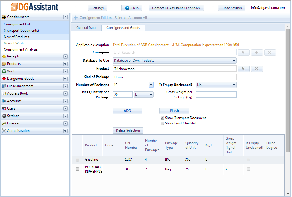 Shipment screen of DGAssistant: hazardous materials and hazardous materials