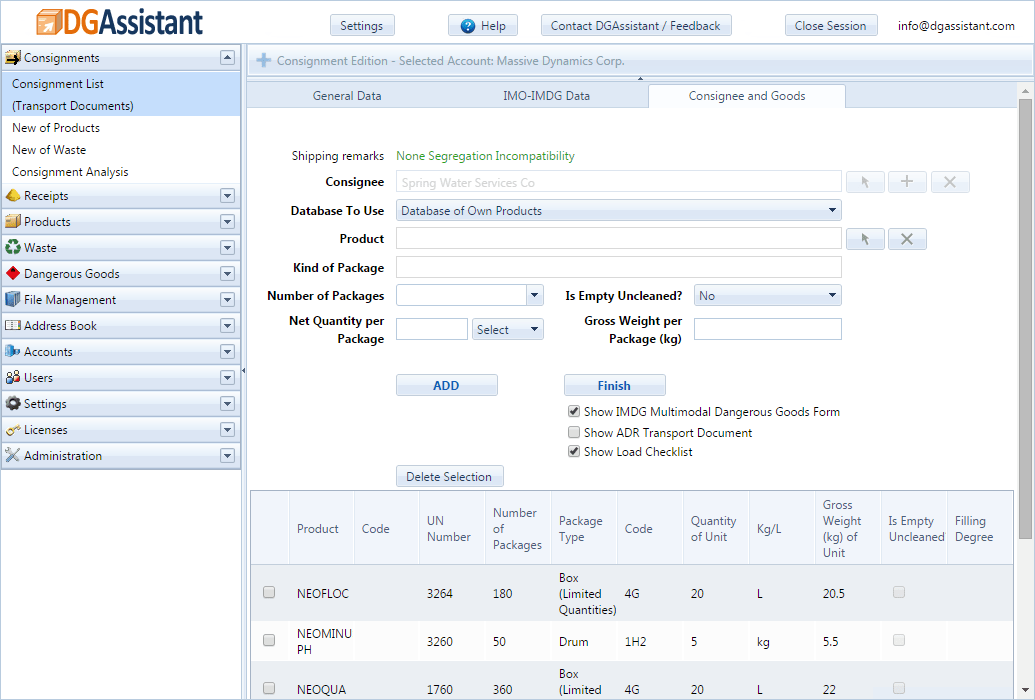 Shipment screen of DGAssistant: IMDG-IMO declaration