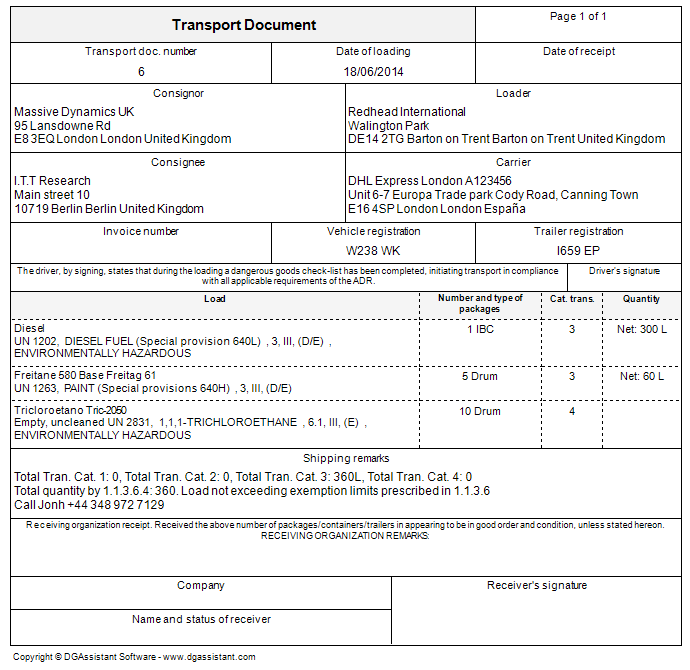 ADR transport document and shipping note created with DGAssistant